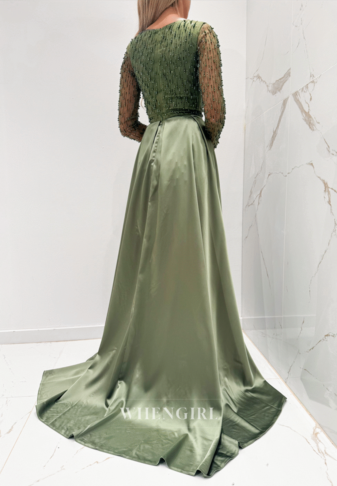 Celadon Square Neck Long Sleeves Beaded Sweep Train Evening Formal Dress