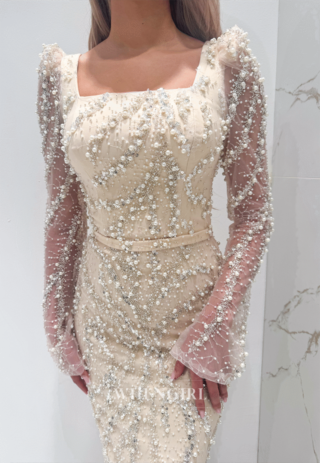 Beige Square Neck Beaded Long Sleeves Back Slit Sheath Evening Dress