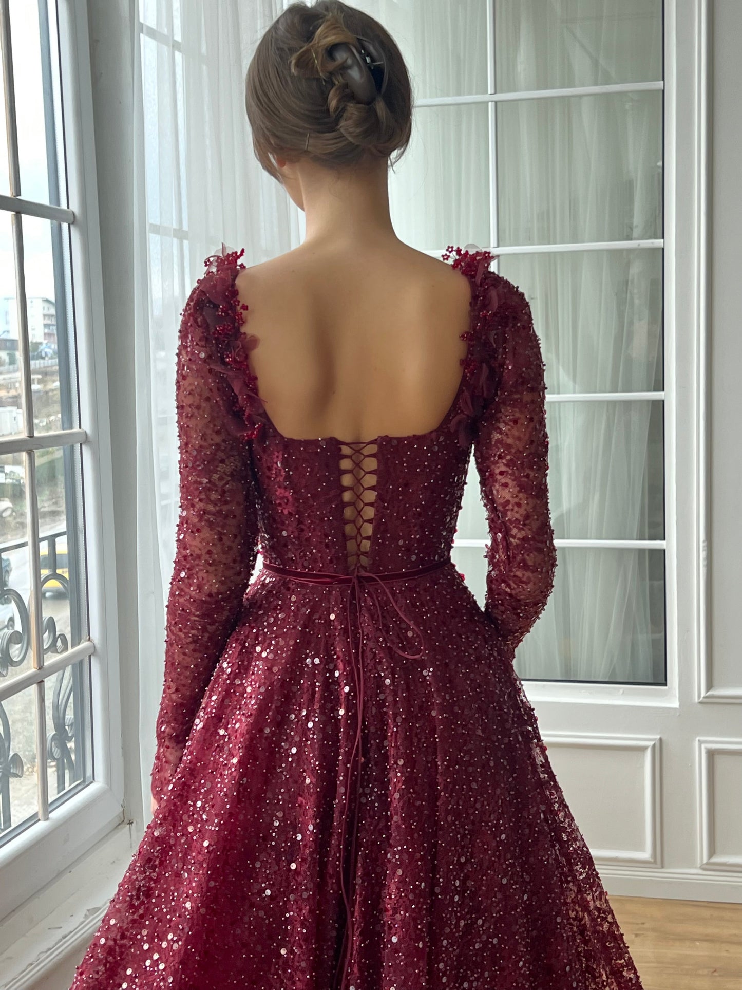 Burgundy Square Neck Long Sleeves Beaded A-Line Prom Formal Dress