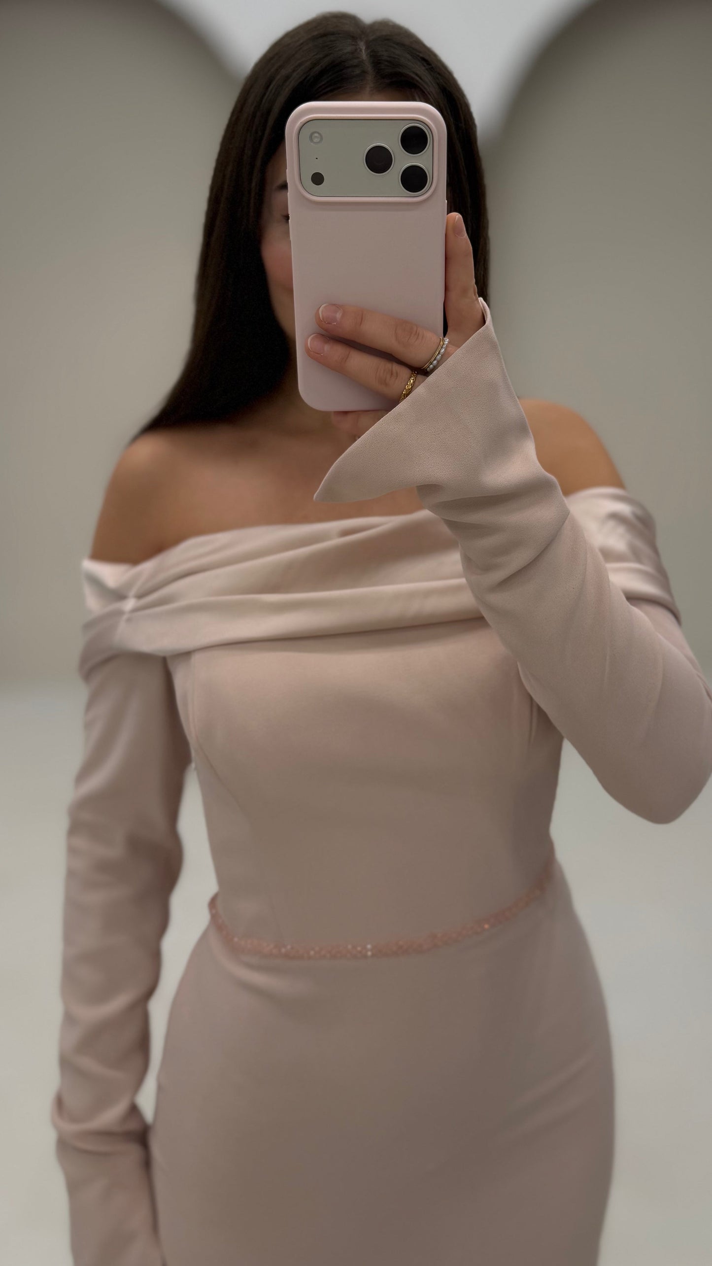 Pink Off Shoulder Long Sleeves Sheath Evening Formal Dress