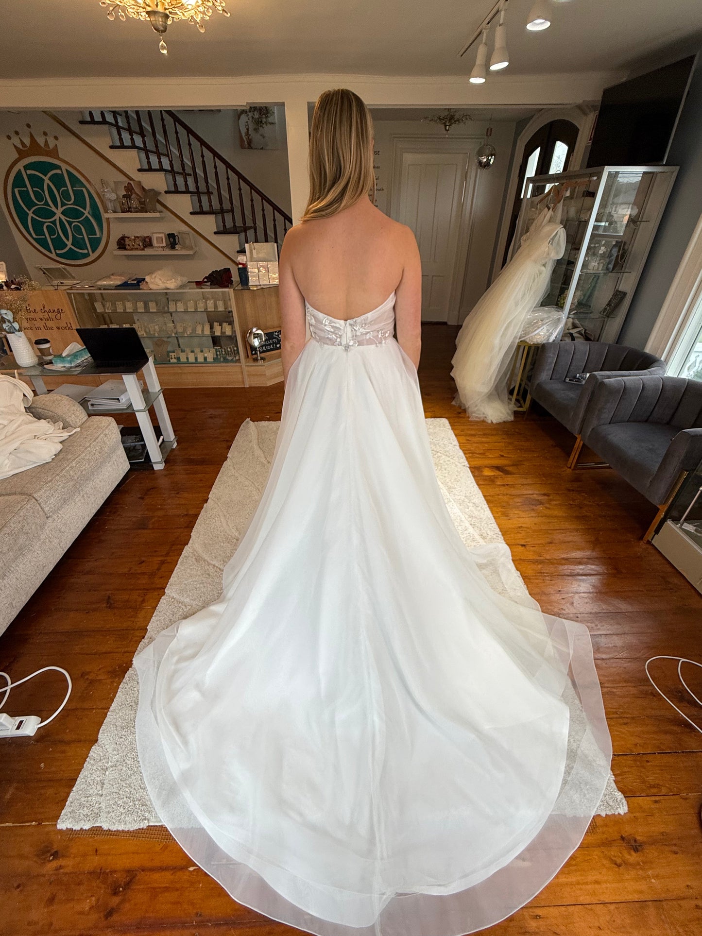 A-Line Strapless Embroidery Court Train Wedding Dress