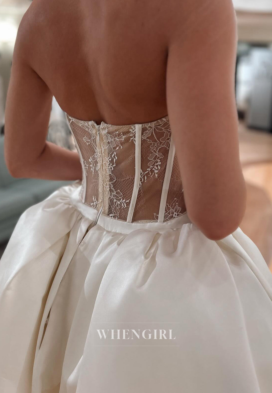 Strapless Lace Top Sleeveless Back Zipper Ball Gown Court Train Wedding Dress