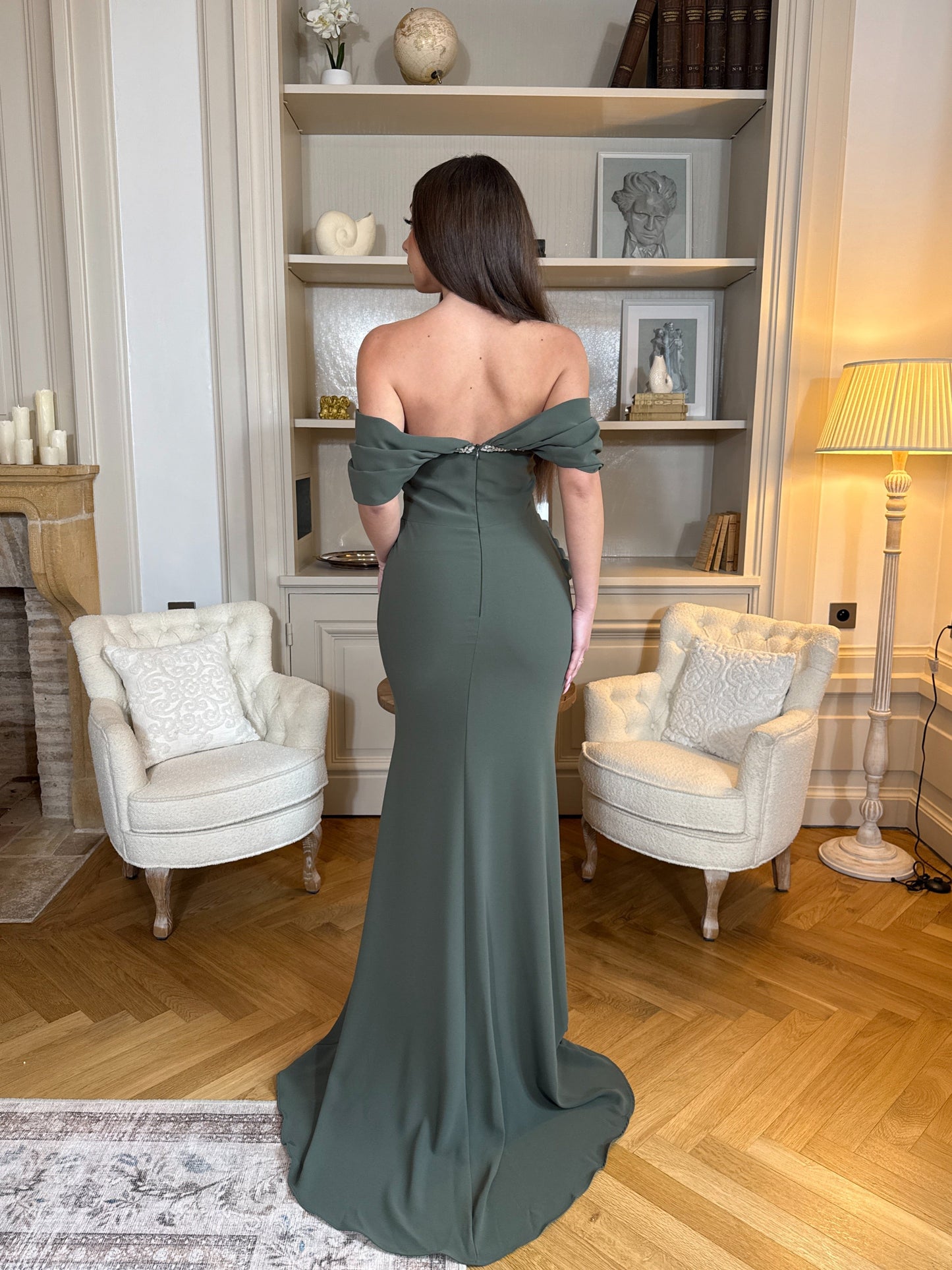 Olive Off Shoulder Beaded Ruched Sheath Evening Dress