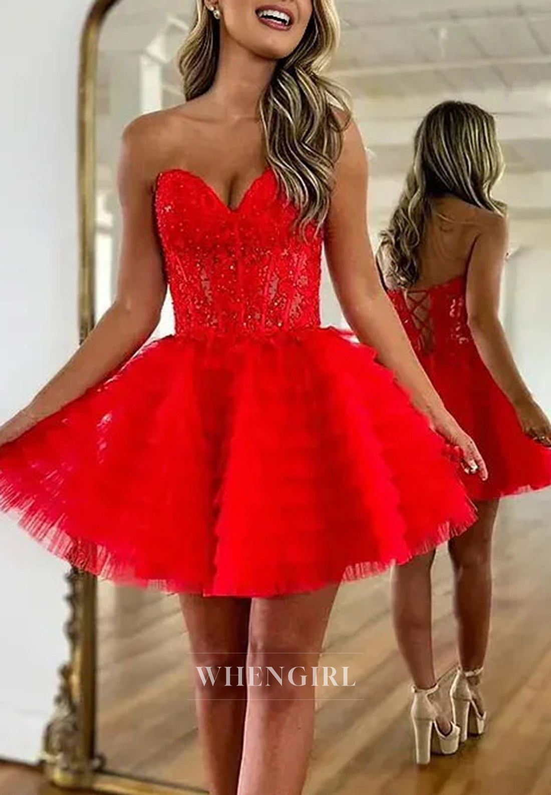 Sweetheart Strapless Appliqued Lace Tiered Tulle Lace Up A-Line Homecoming Dress