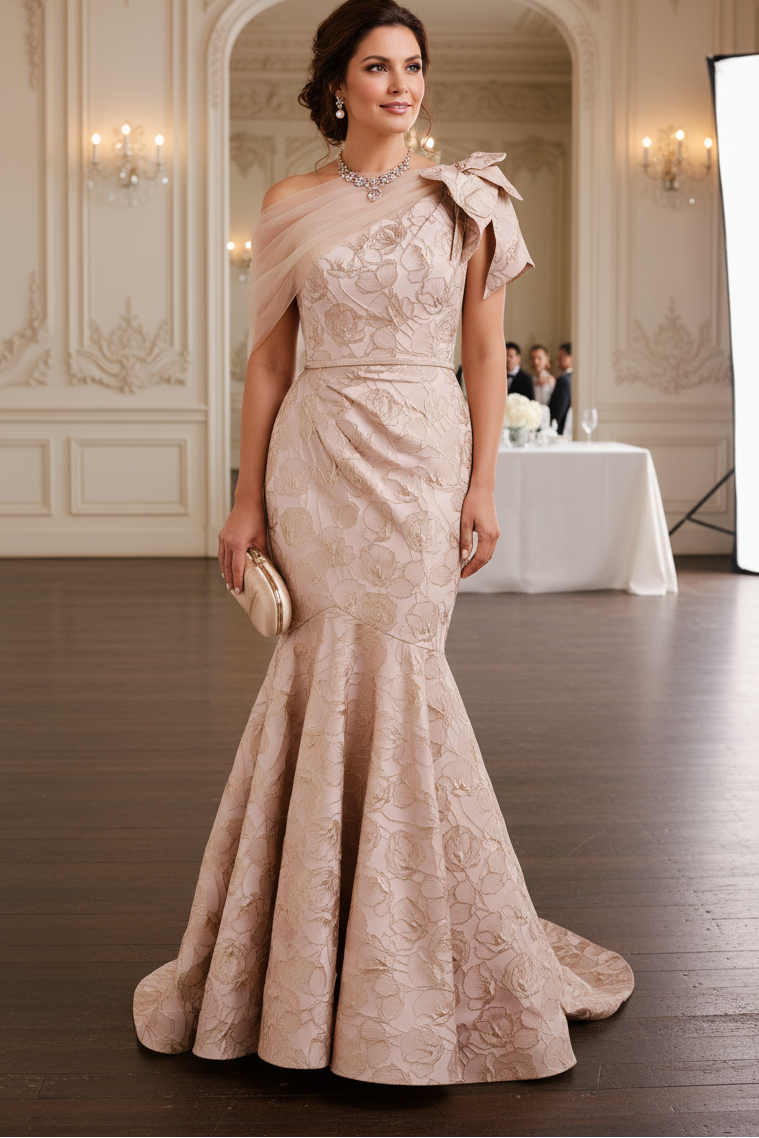 Asymmetrical Bowknot Floral Mermaid Back Zipper Mother of the Bride Dress