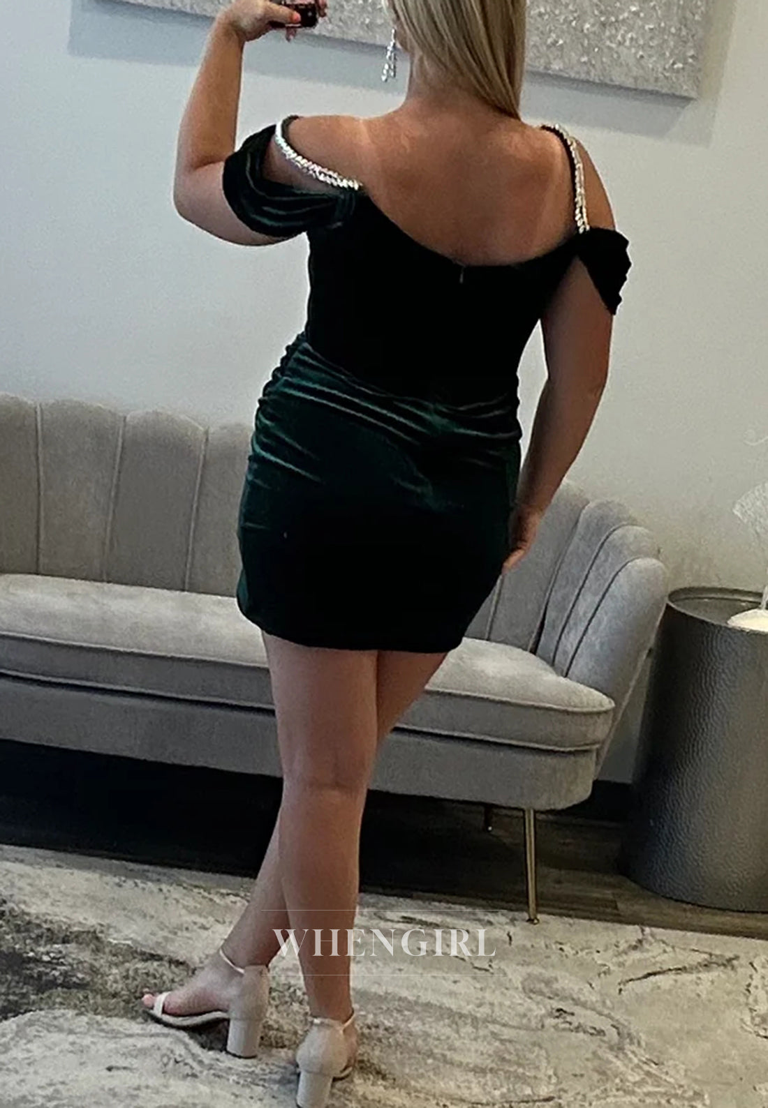 Dark Green Diamond Beading V Neck Sleeveless Side Slit Sheath Back Zipper Short Homecoming Dress