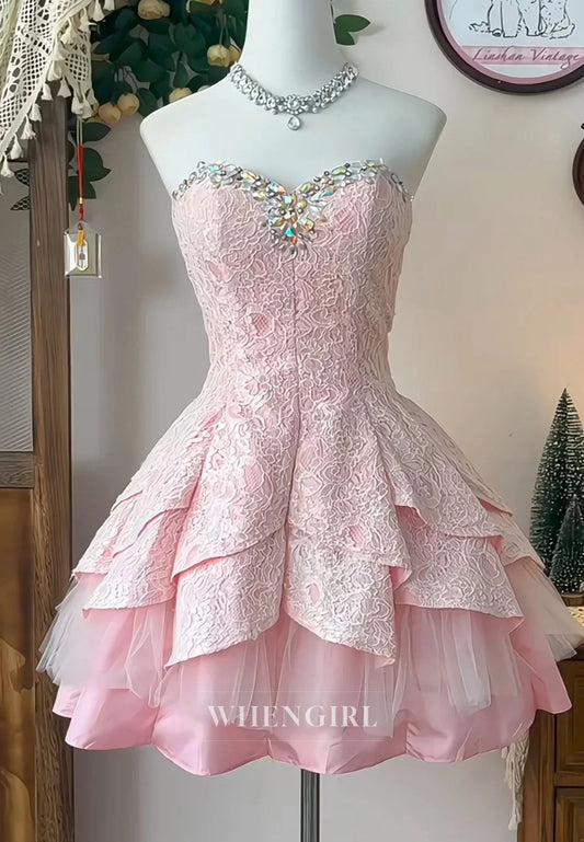 Pale Blush Sweetheart Sleeveless Tiered Appliqued Lace A-Line Homecoming Dress