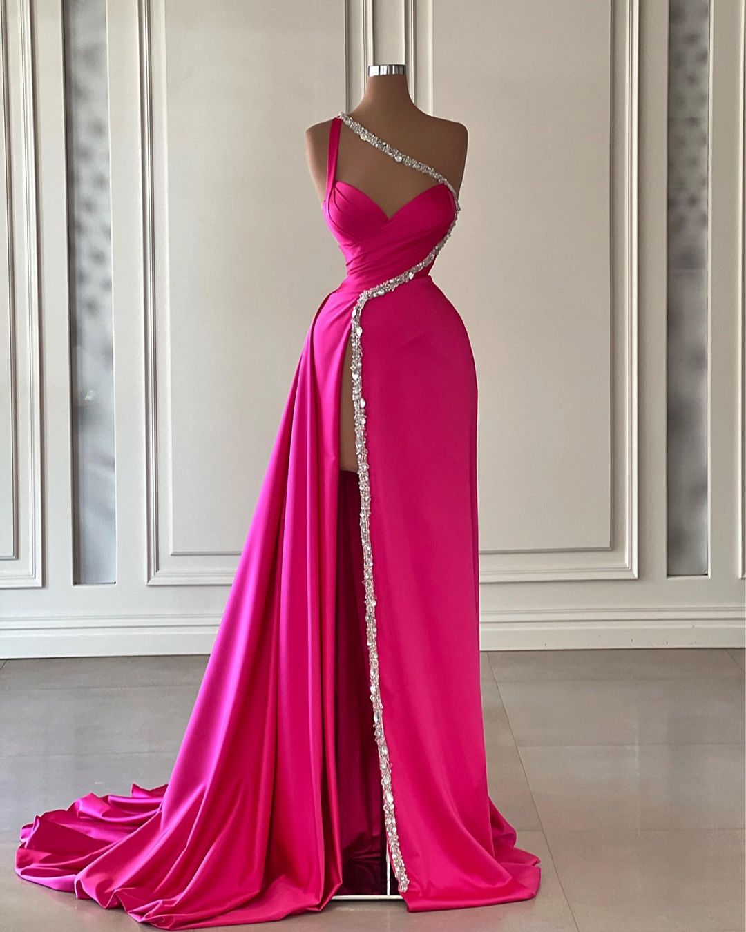 A-Line One Shoulder Sleeveless Pleated Sequins Long Prom Dress with High Side Slit and Train