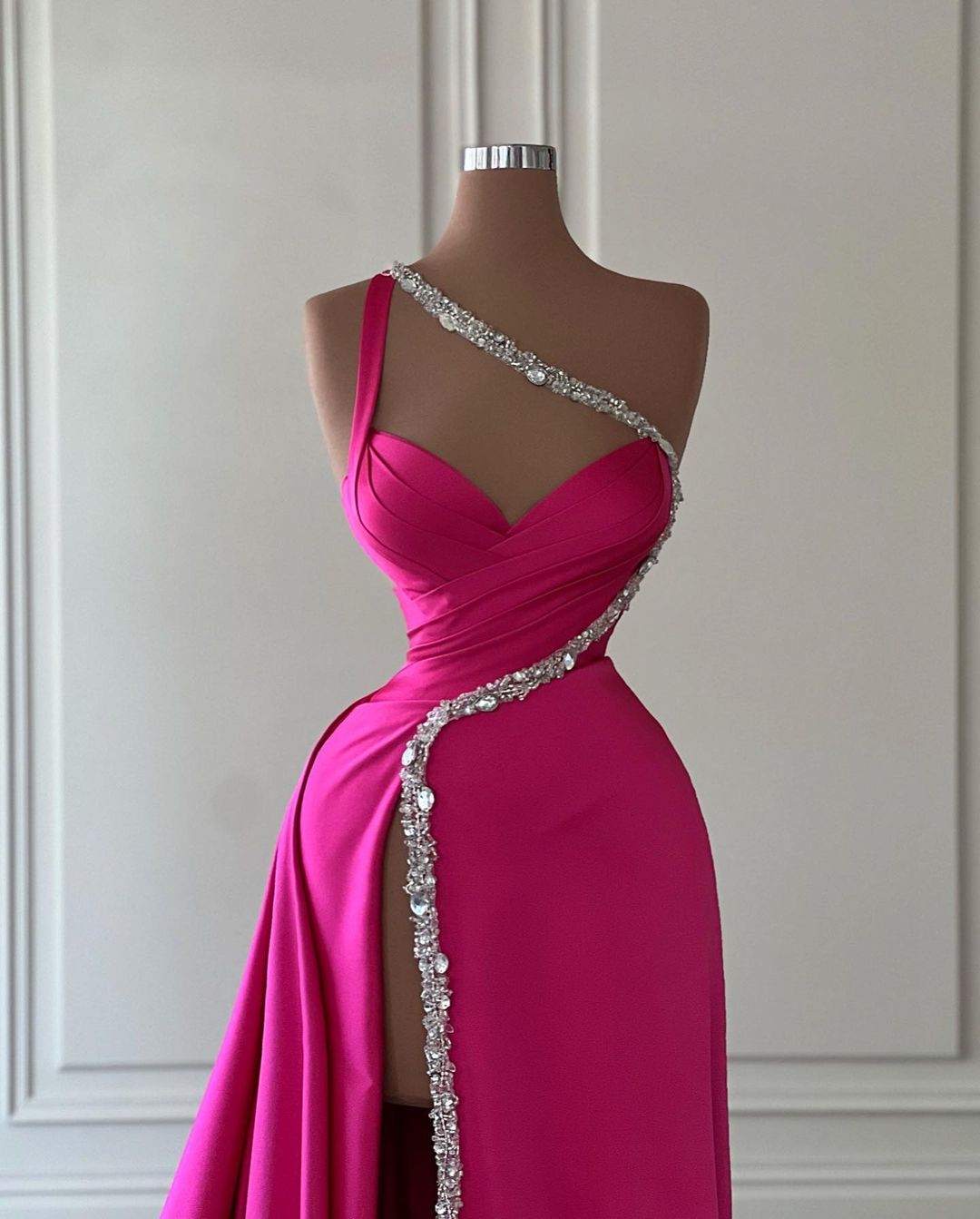 A-Line One Shoulder Sleeveless Pleated Sequins Long Prom Dress with High Side Slit and Train