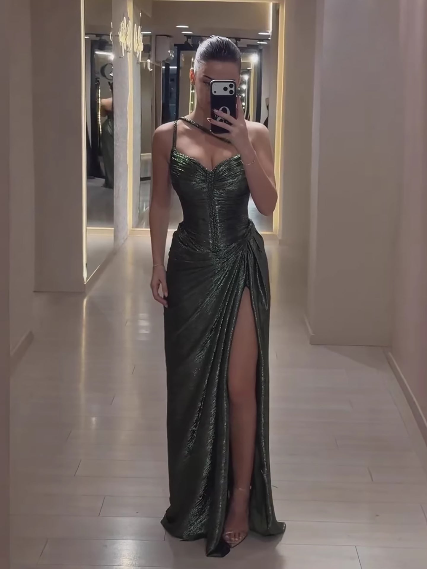 Luxury Olive Green Corset Beaded One Shoulder Evening Dress With Slit