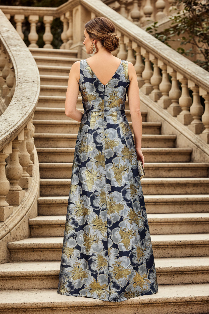 Column V neck Sleeveless Floral Floor Length Mother of the Bride Dress