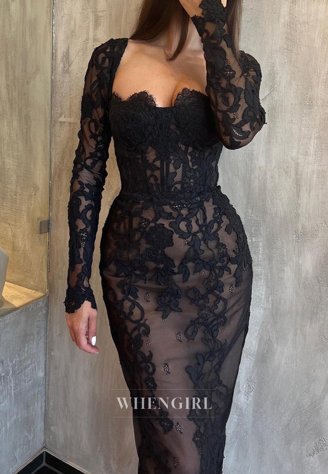 Black Sexy Sweetheart Formal Gowns Long Sleeves Lace Party Dress with Appliques