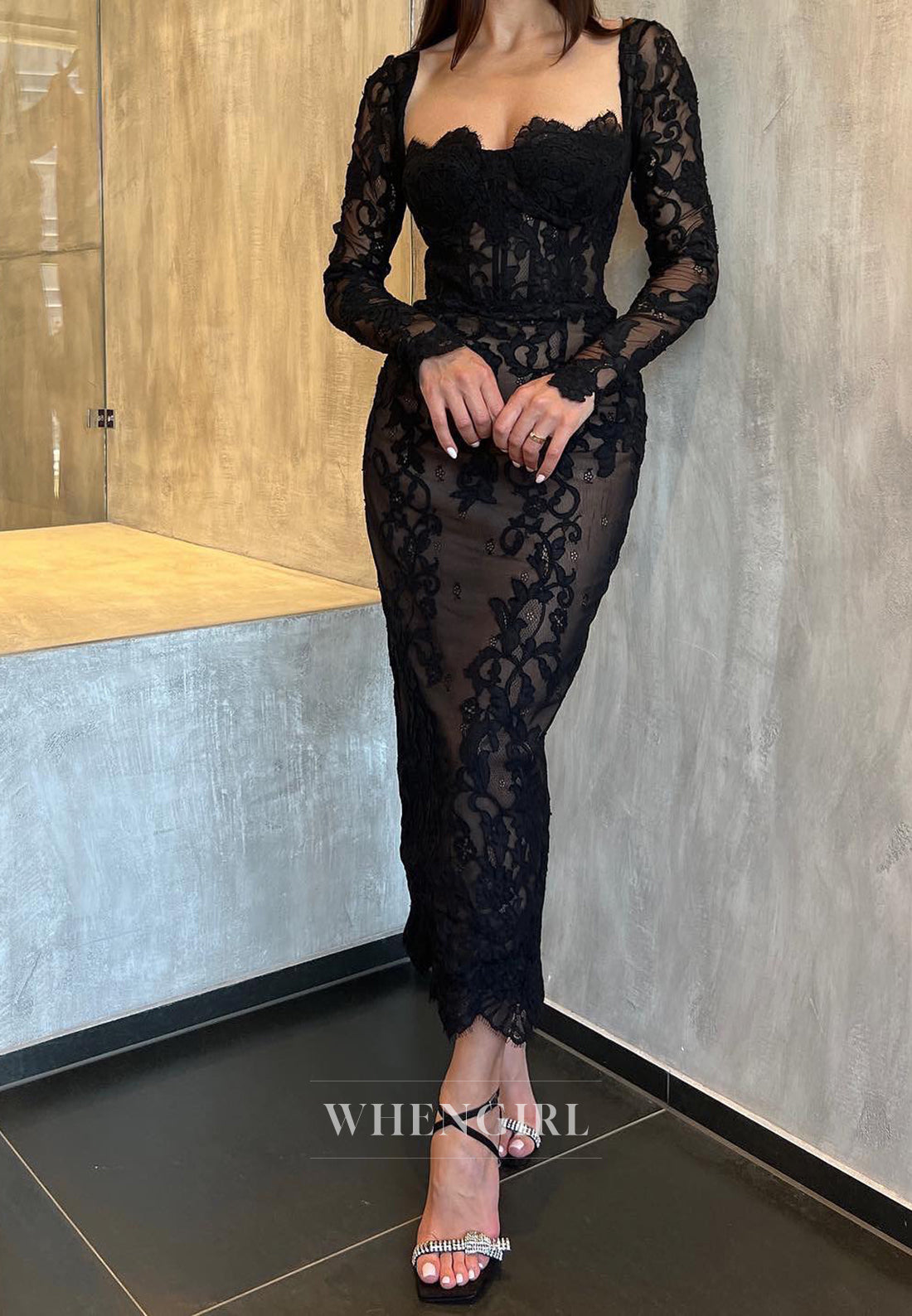 Black Sexy Sweetheart Formal Gowns Long Sleeves Lace Party Dress with Appliques