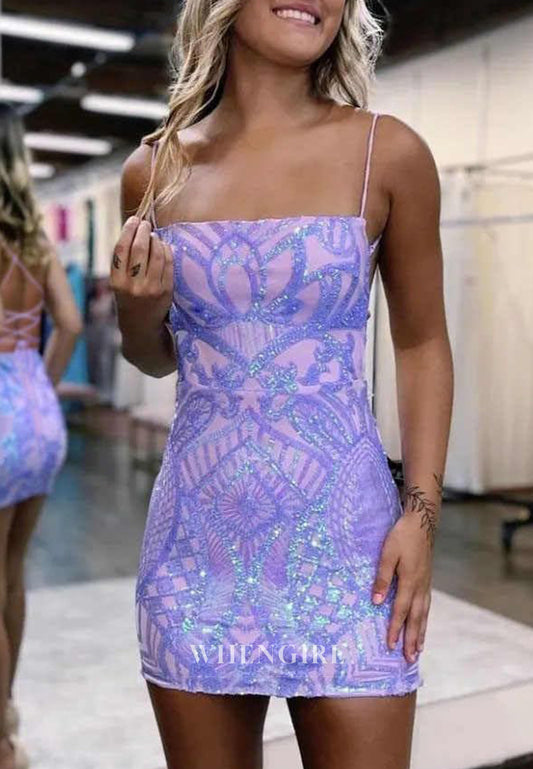 Lavender Spaghetti Straps Sequins Beading Sheath Lace Up Short Homecoming Dress