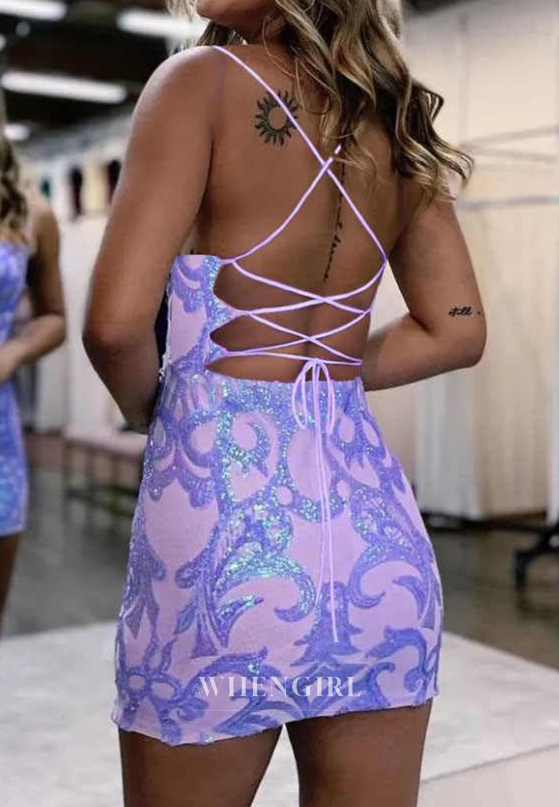 Lavender Spaghetti Straps Sequins Beading Sheath Lace Up Short Homecoming Dress