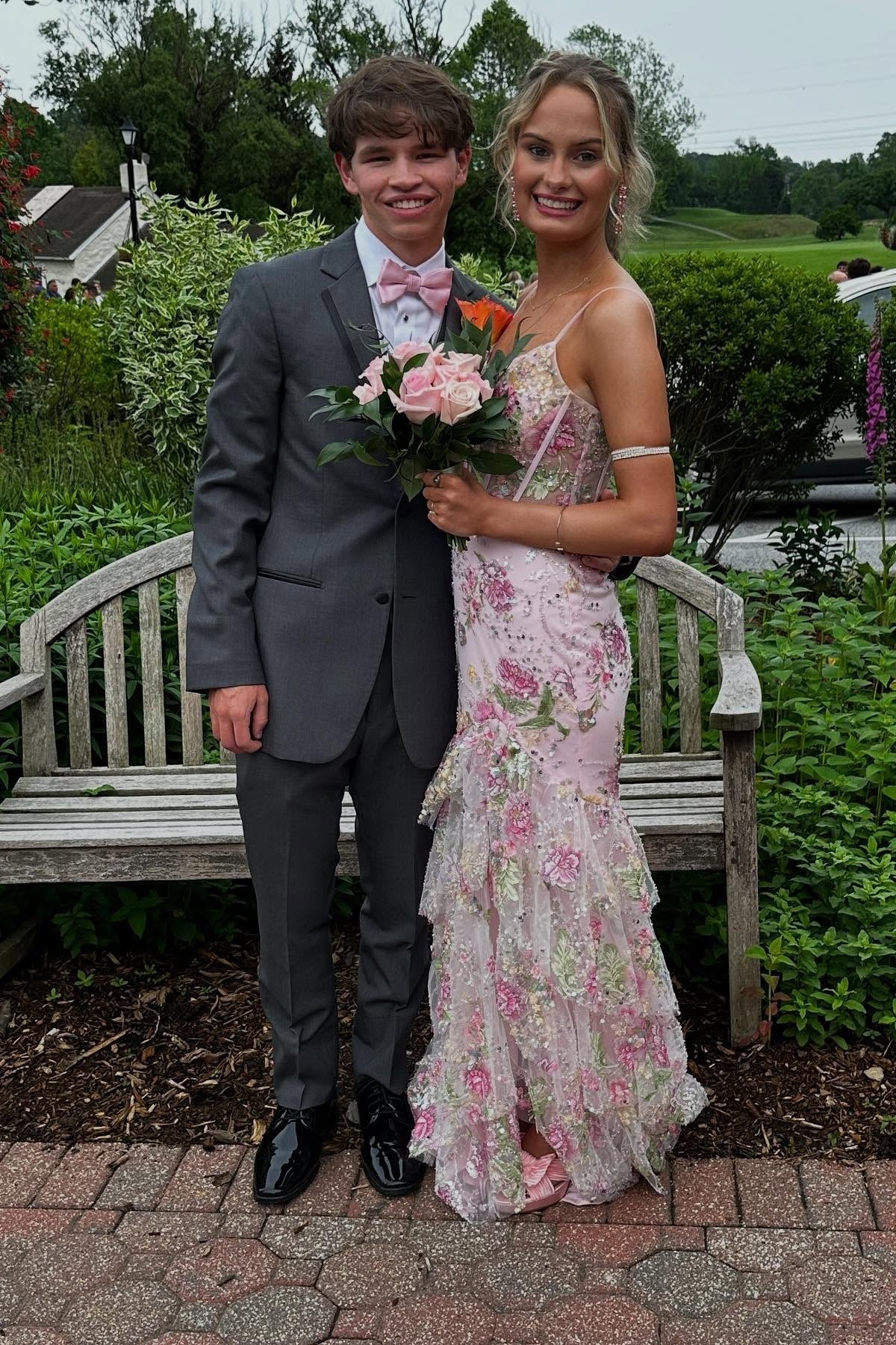 Light Pink Sequin Appliques Tiered Long Dress with Slit