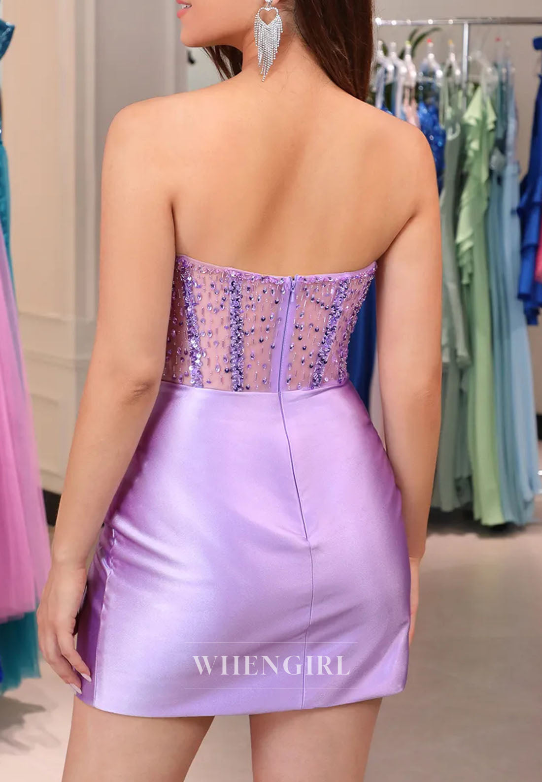 Lilac Pleated Side Slit Sweetheart Sleeveless Beaded Sheath Back Zipper Short Homecoming Dress