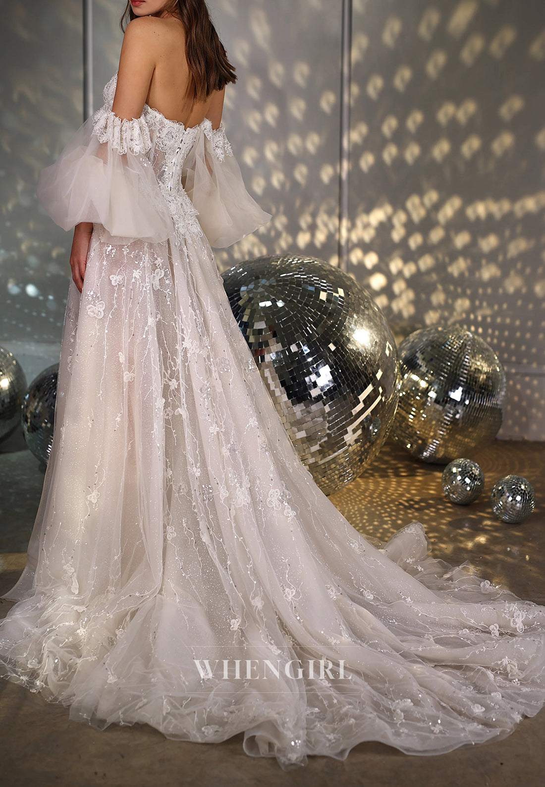 A-Line Sweetheart Short Sleeves Appliqued Lace Side Slit Court Train Wedding Dress