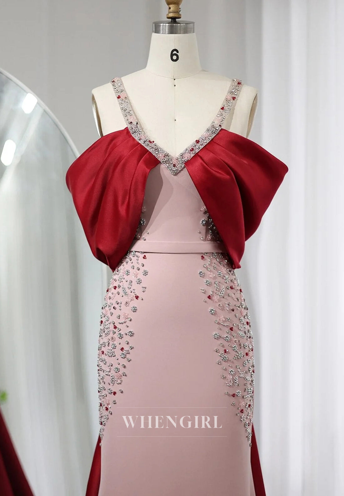 Luxury Dusty Pink V Neck Beaded Straps Back Zipper Column Formal Dress with Red Train