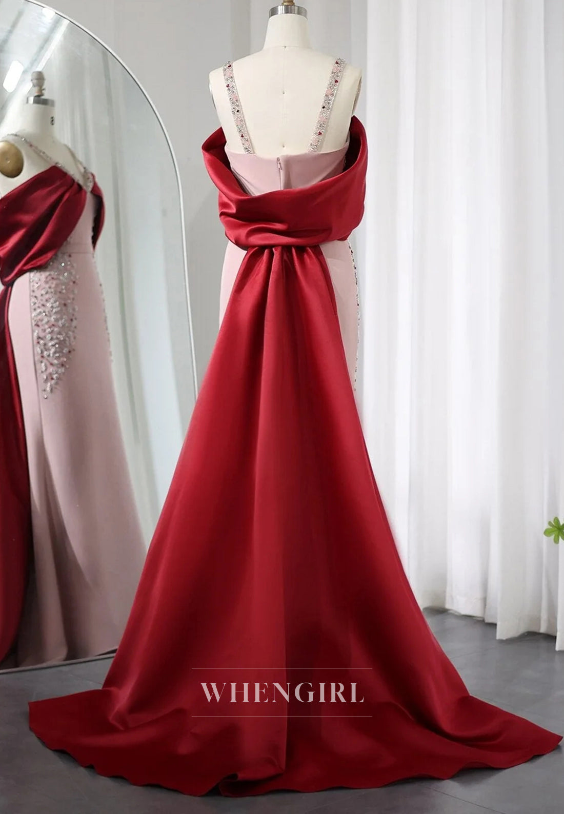Luxury Dusty Pink V Neck Beaded Straps Back Zipper Column Formal Dress with Red Train