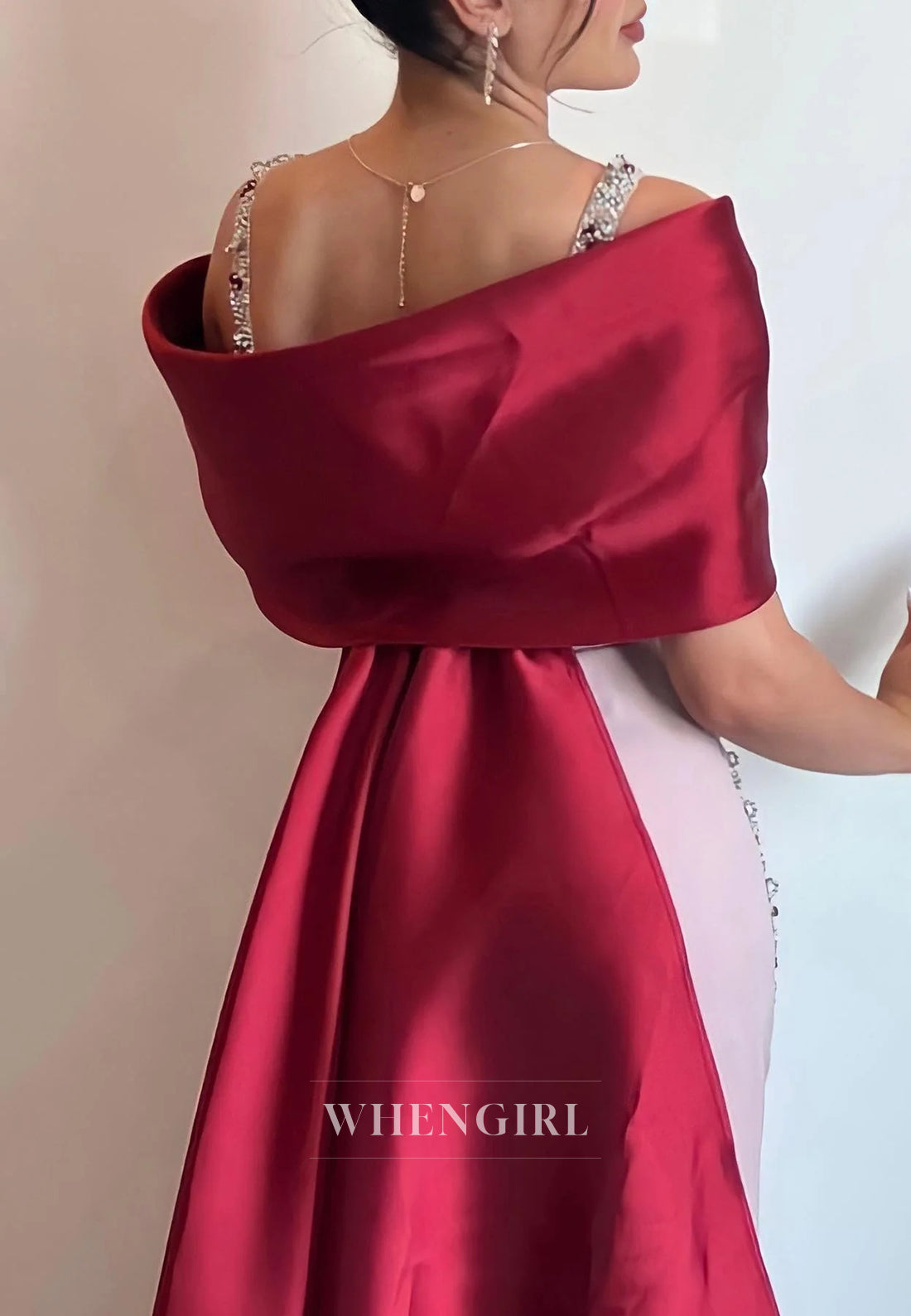Luxury Dusty Pink V Neck Beaded Straps Back Zipper Column Formal Dress with Red Train