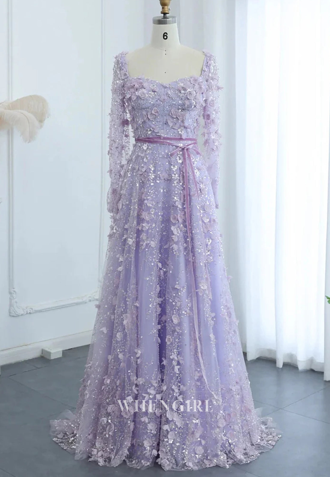 A-Line Square Neck Long Sleeves Floral Lace Up Beaded Formal Evening Gown