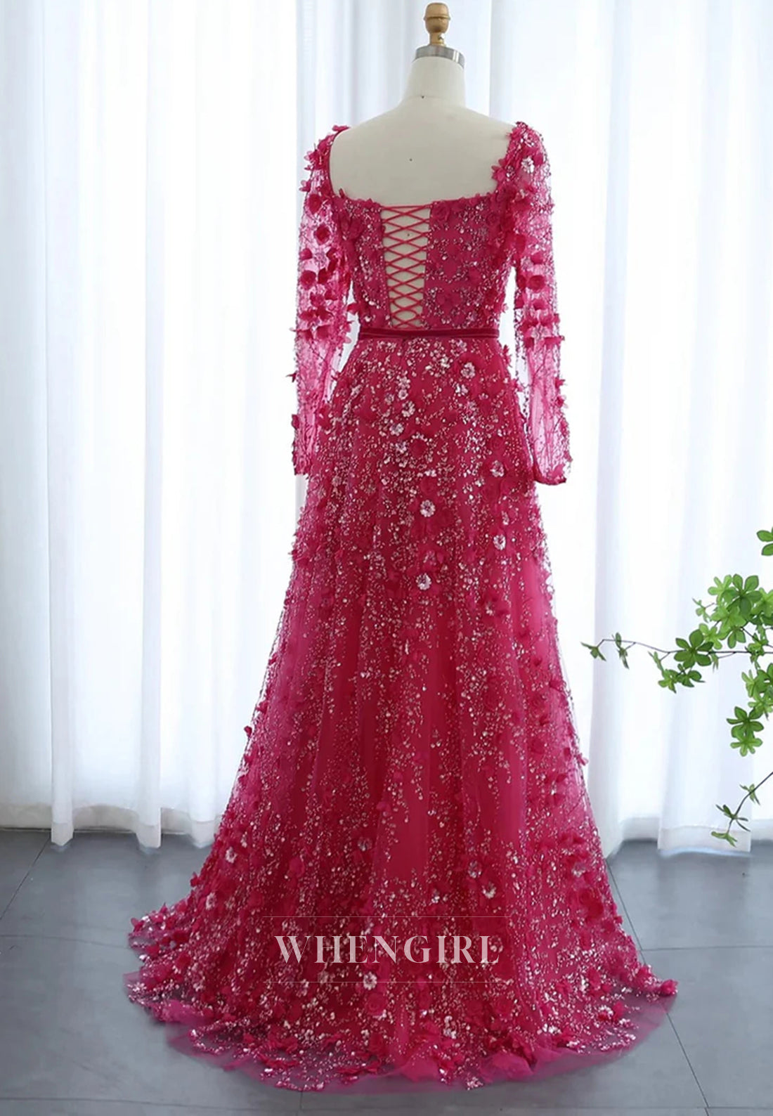 A-Line Square Neck Long Sleeves Floral Lace Up Beaded Formal Evening Gown