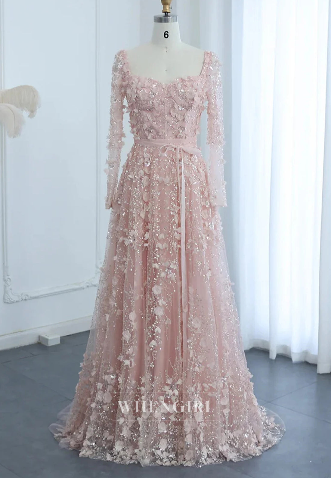 A-Line Square Neck Long Sleeves Floral Lace Up Beaded Formal Evening Gown