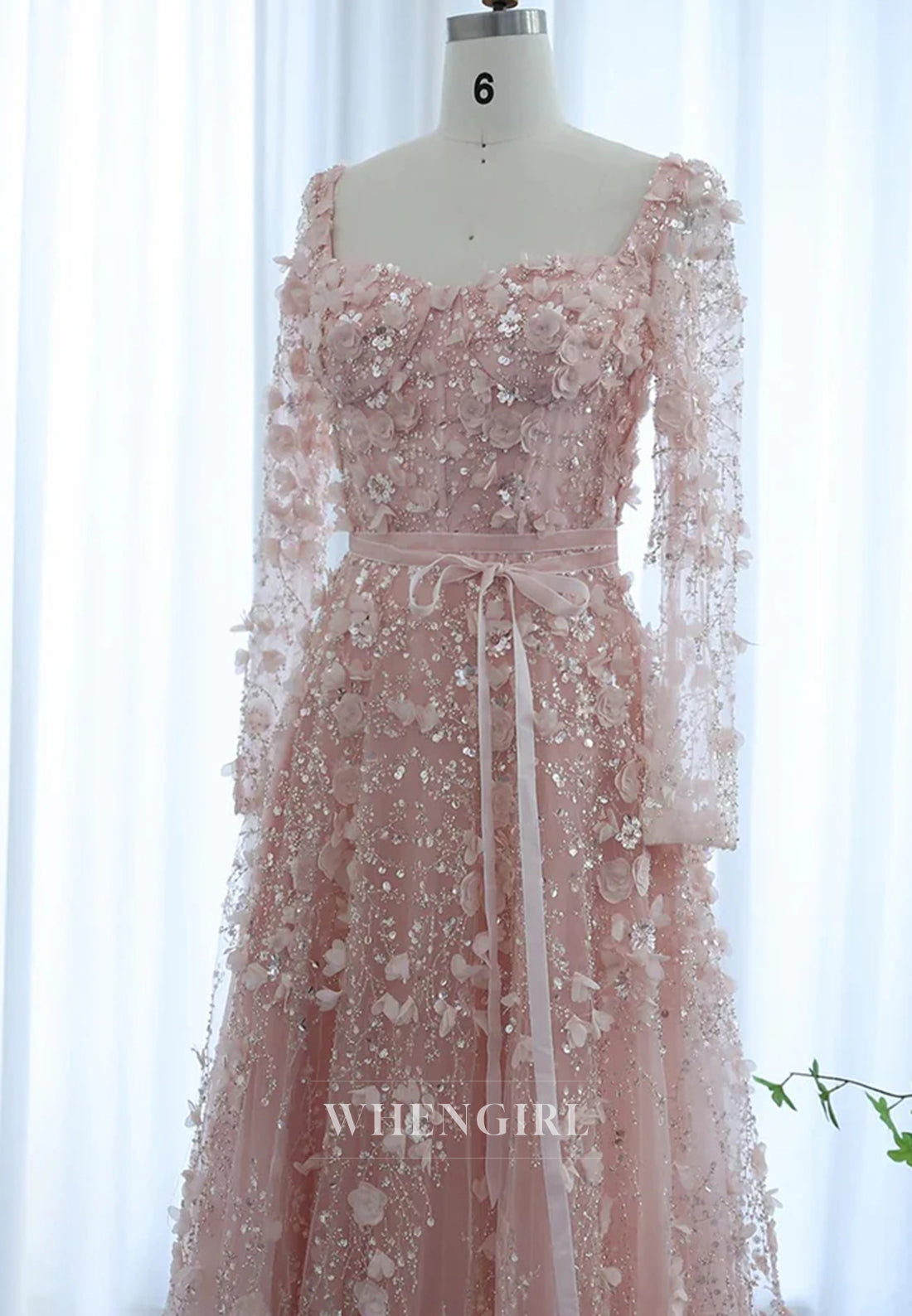 A-Line Square Neck Long Sleeves Floral Lace Up Beaded Formal Evening Gown