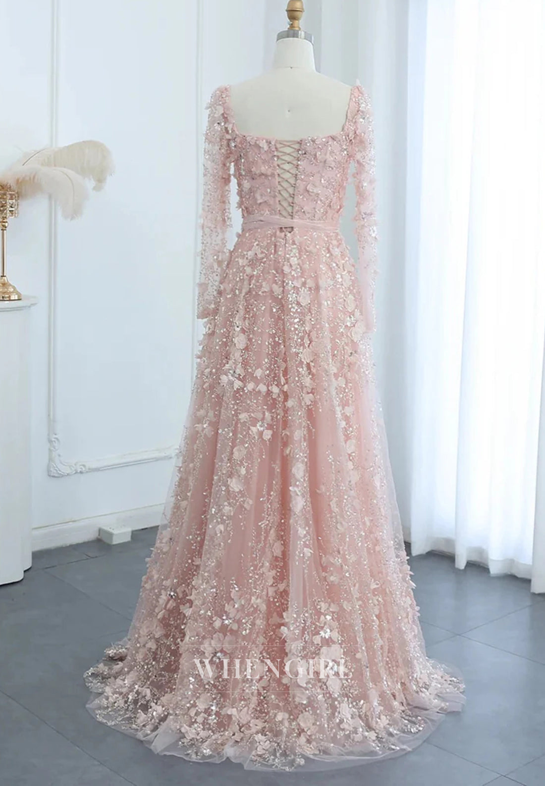 A-Line Square Neck Long Sleeves Floral Lace Up Beaded Formal Evening Gown