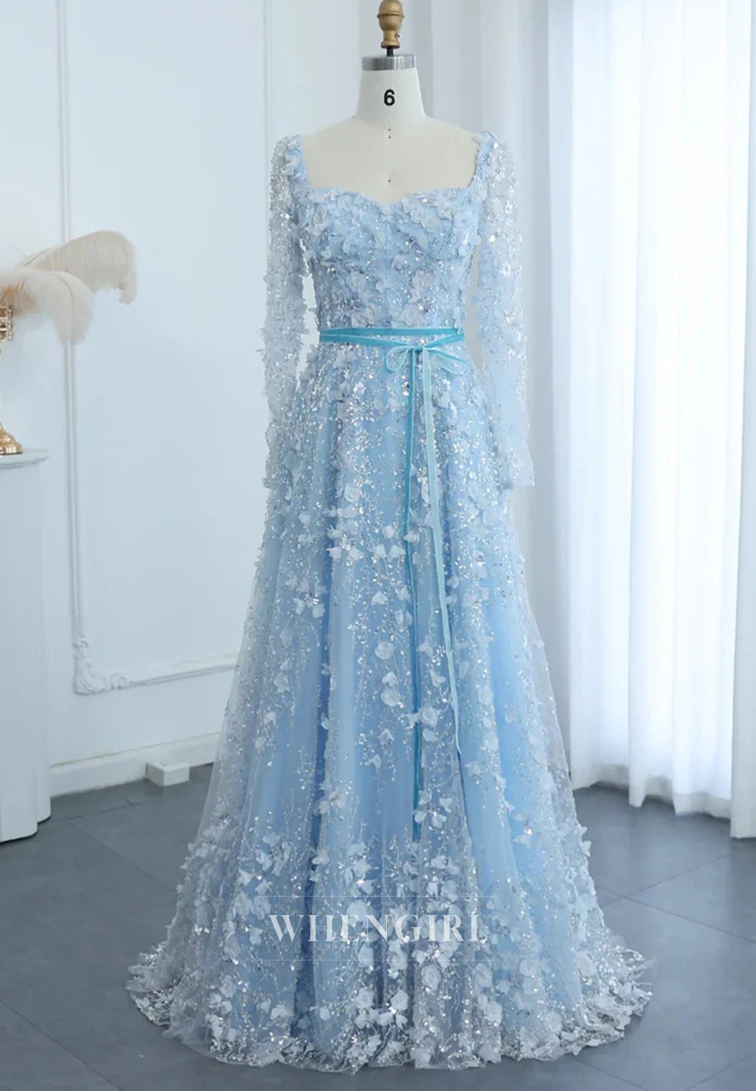 A-Line Square Neck Long Sleeves Floral Lace Up Beaded Formal Evening Gown