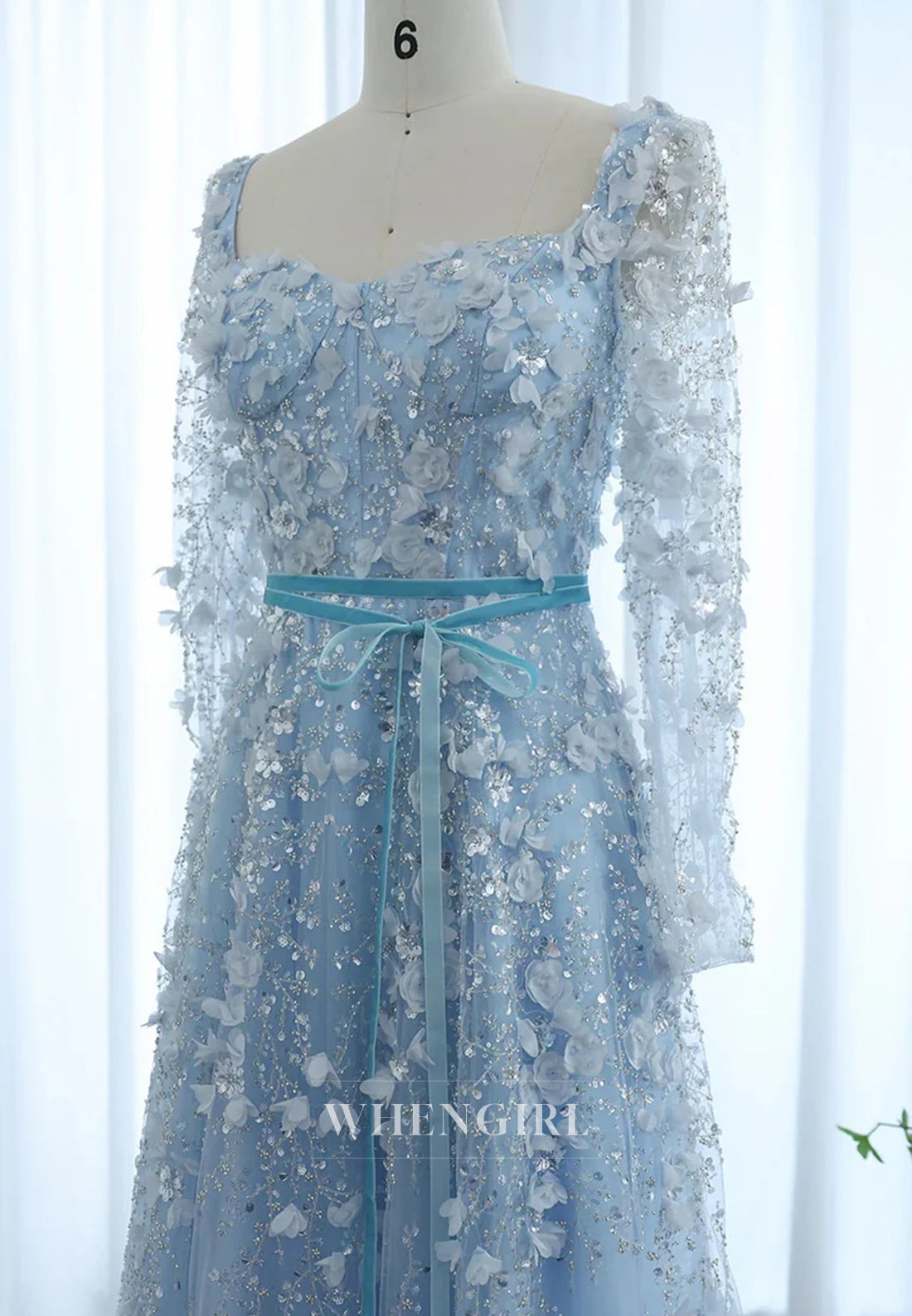 A-Line Square Neck Long Sleeves Floral Lace Up Beaded Formal Evening Gown
