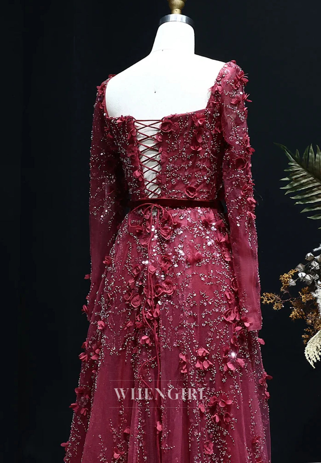 A-Line Square Neck Long Sleeves Floral Lace Up Beaded Formal Evening Gown