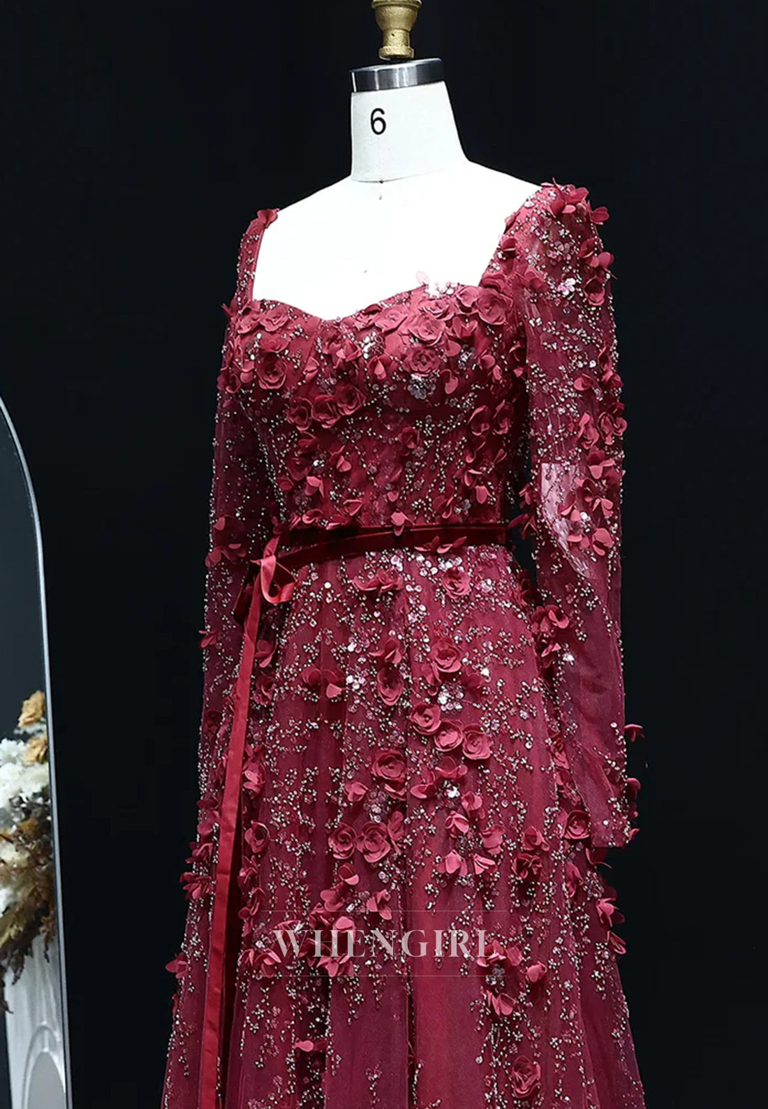 A-Line Square Neck Long Sleeves Floral Lace Up Beaded Formal Evening Gown