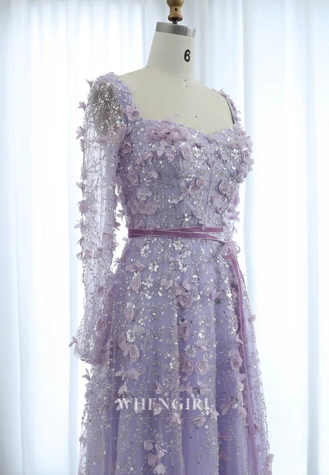 A-Line Square Neck Long Sleeves Floral Lace Up Beaded Formal Evening Gown