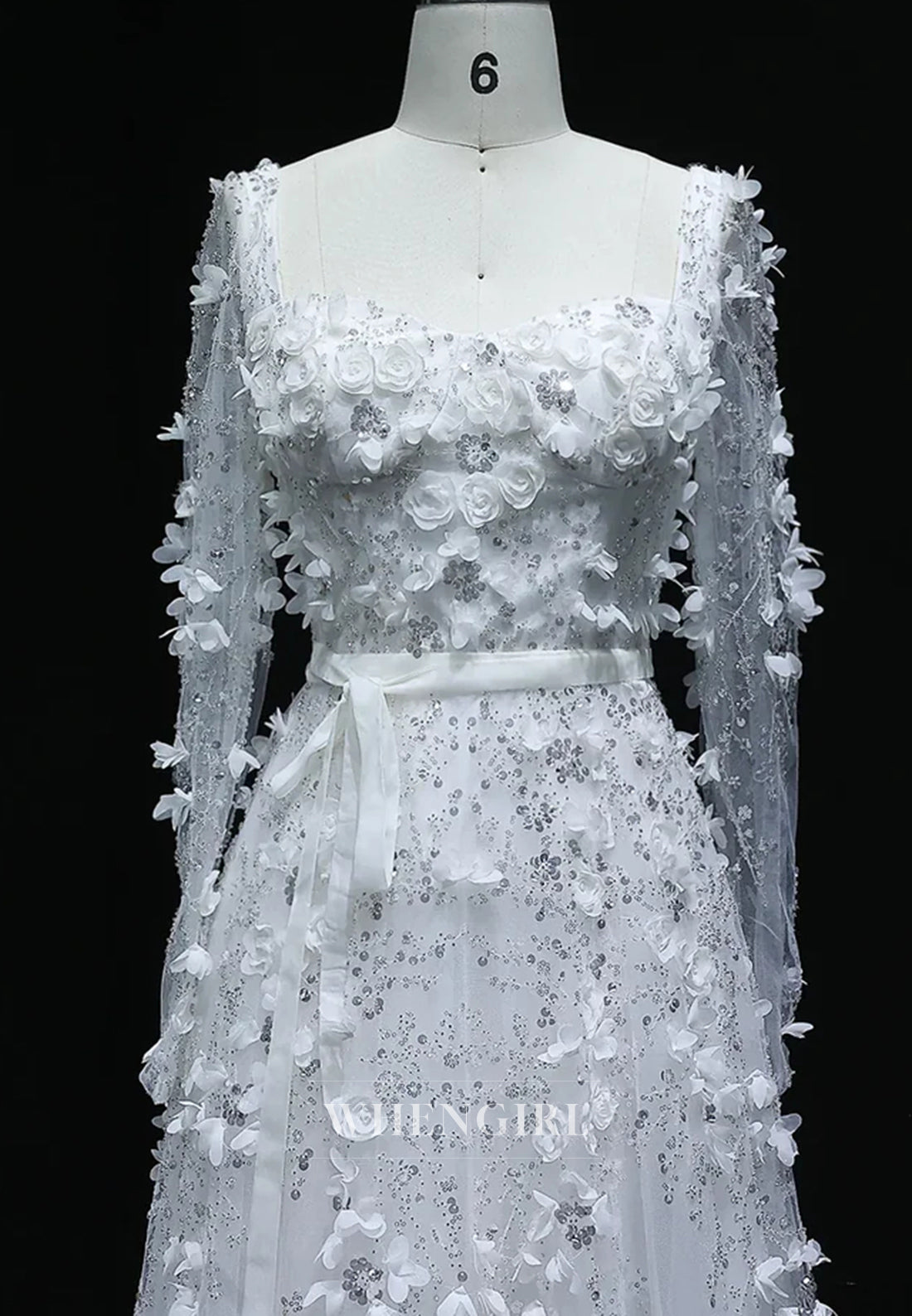 A-Line Square Neck Long Sleeves Floral Lace Up Beaded Formal Evening Gown