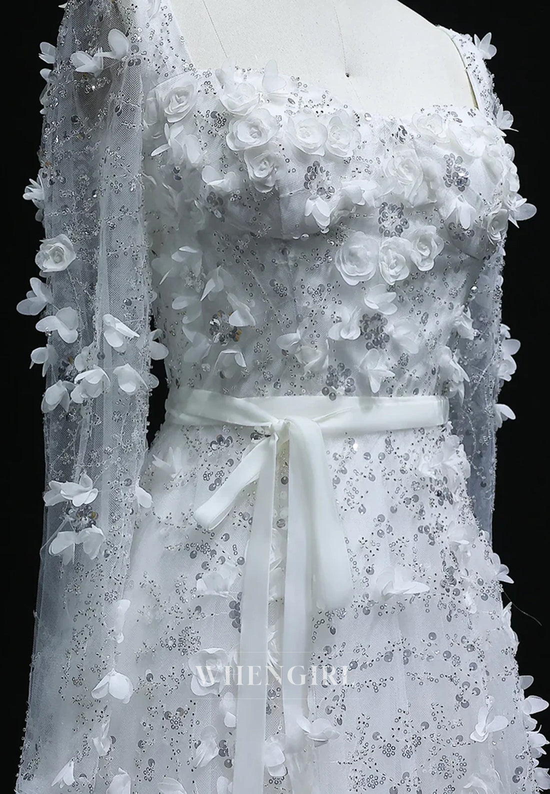 A-Line Square Neck Long Sleeves Floral Lace Up Beaded Formal Evening Gown