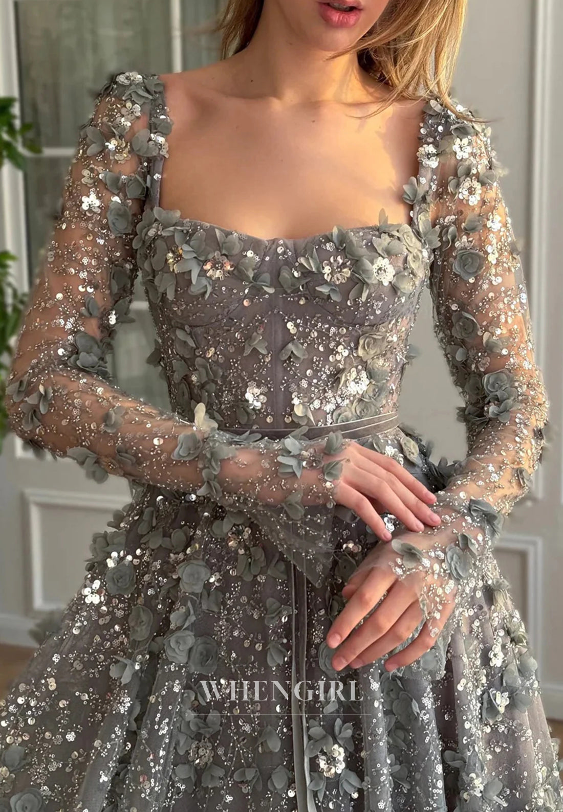 A-Line Square Neck Long Sleeves Floral Lace Up Beaded Formal Evening Gown