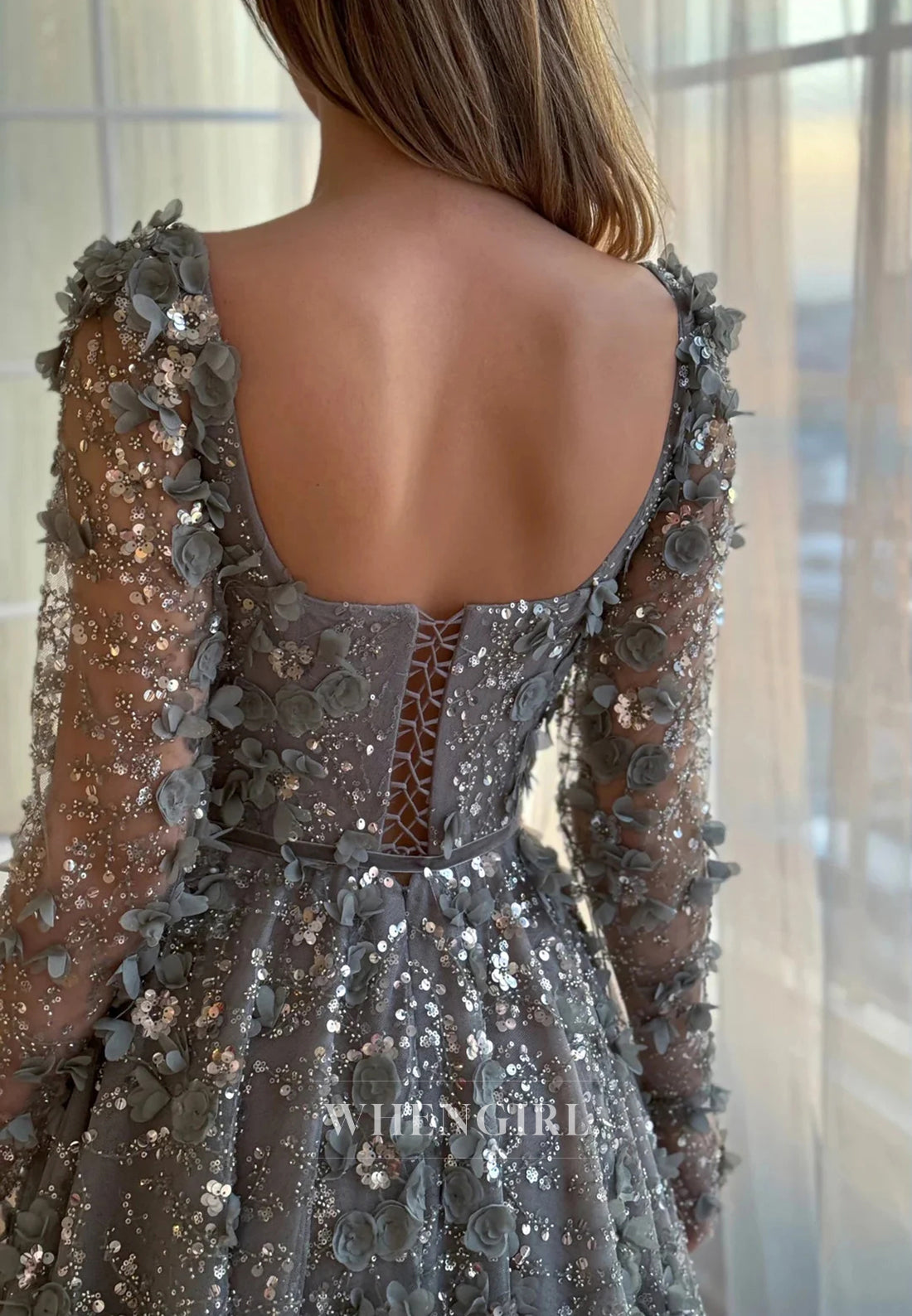 A-Line Square Neck Long Sleeves Floral Lace Up Beaded Formal Evening Gown