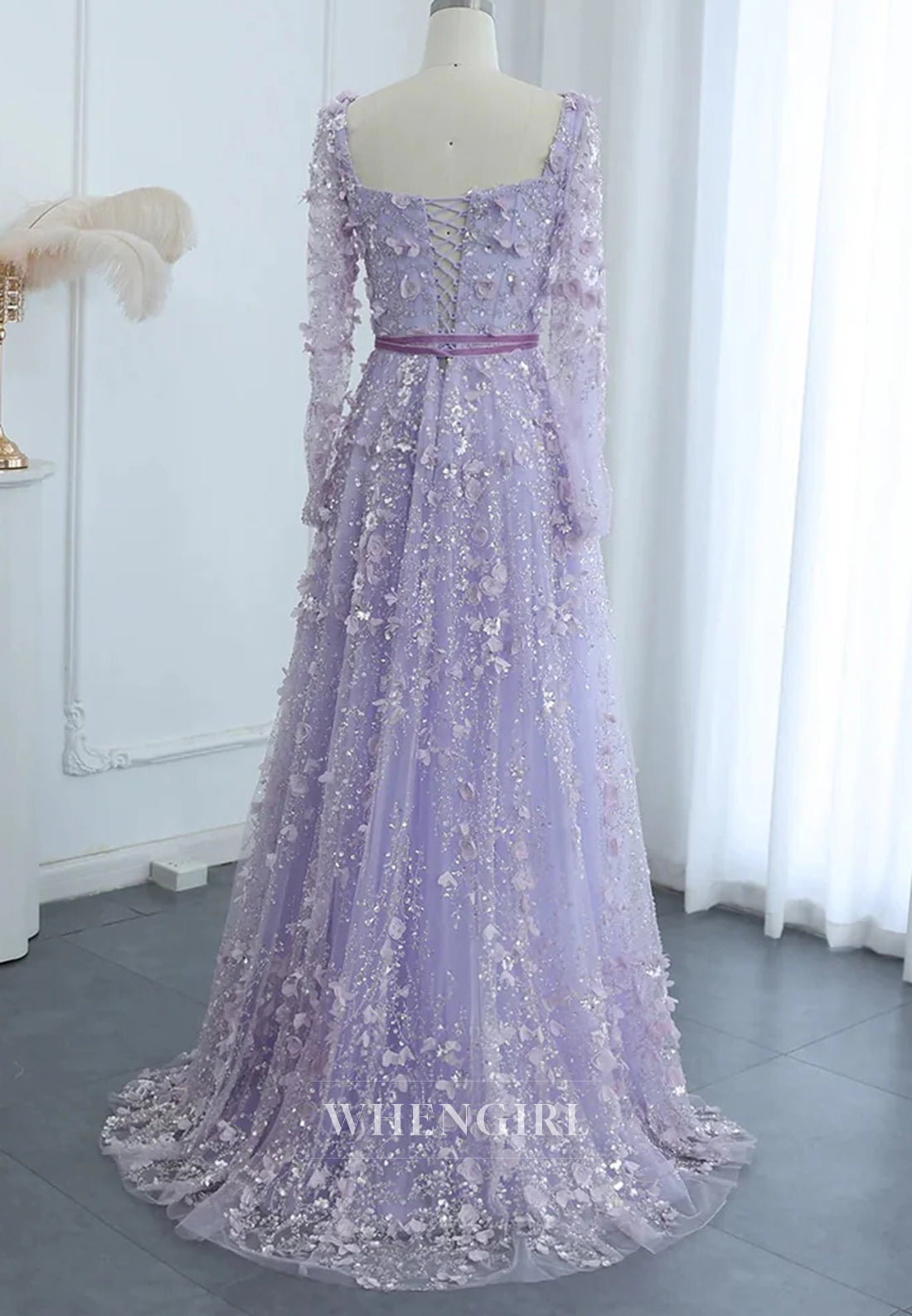 A-Line Square Neck Long Sleeves Floral Lace Up Beaded Formal Evening Gown
