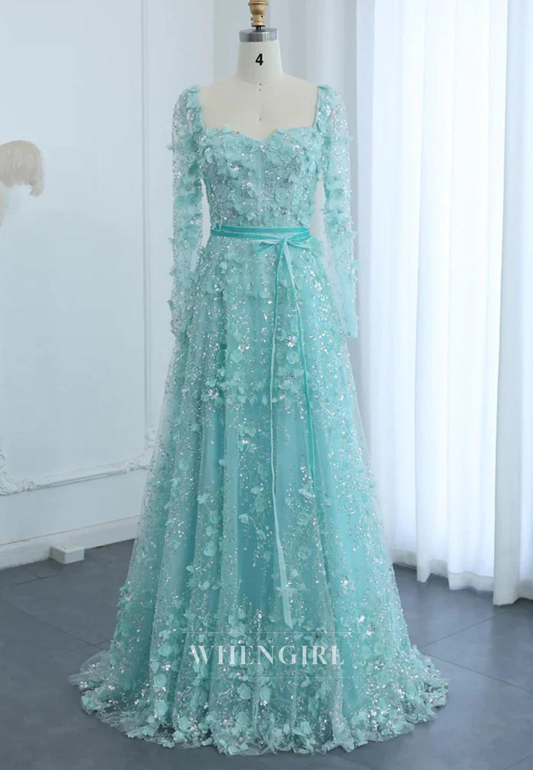 A-Line Square Neck Long Sleeves Floral Lace Up Beaded Formal Evening Gown