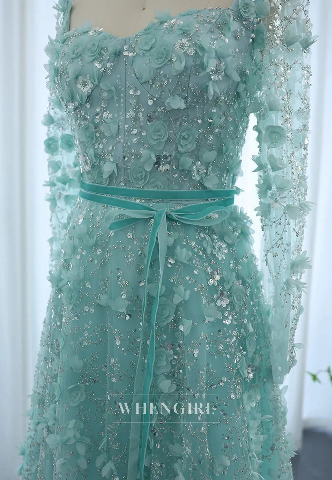 A-Line Square Neck Long Sleeves Floral Lace Up Beaded Formal Evening Gown