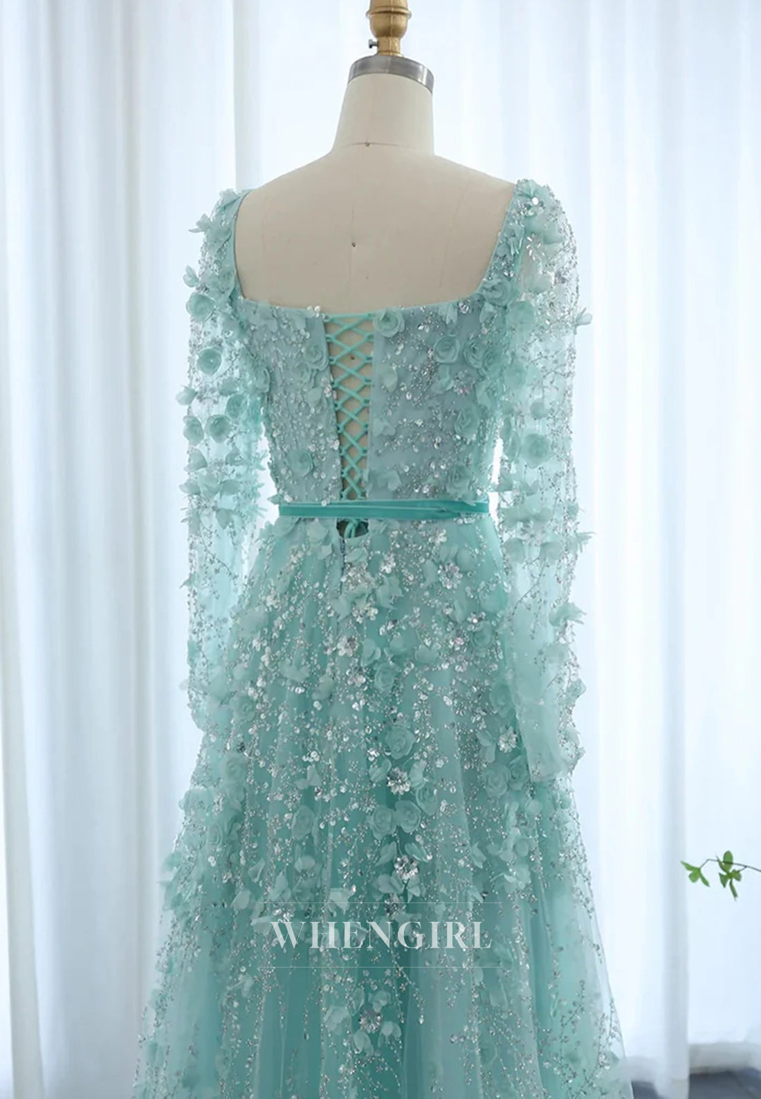 A-Line Square Neck Long Sleeves Floral Lace Up Beaded Formal Evening Gown