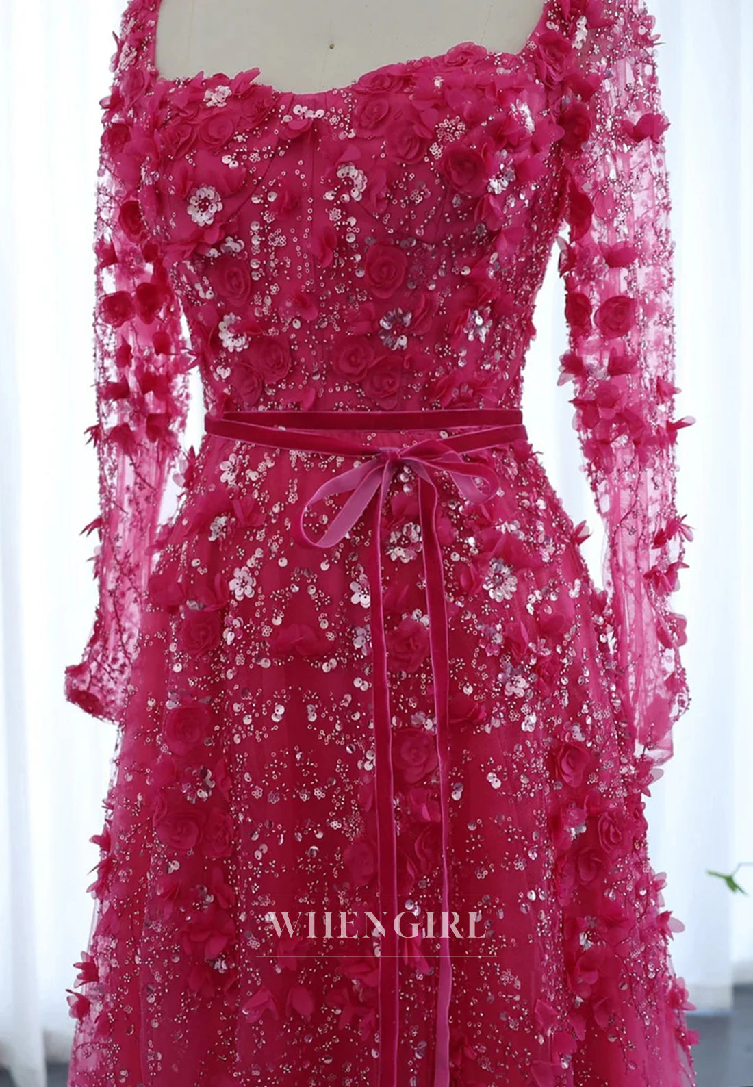 A-Line Square Neck Long Sleeves Floral Lace Up Beaded Formal Evening Gown
