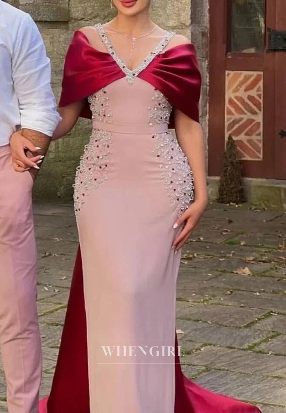 Luxury Dusty Pink V Neck Beaded Straps Back Zipper Column Formal Dress with Red Train