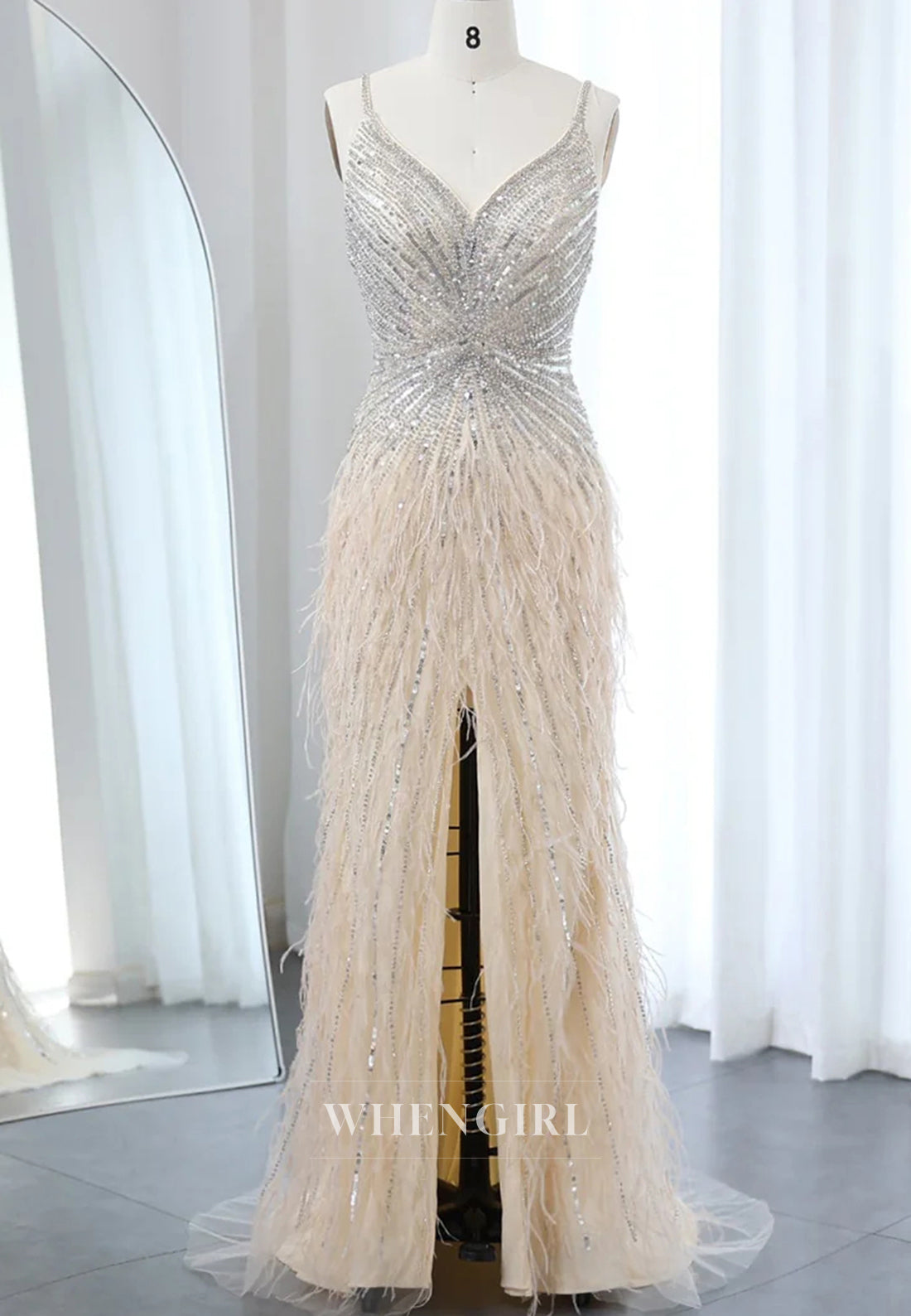 Sheath Feather Beaded V Neck Sleeveless Slit Evening Formal Dress