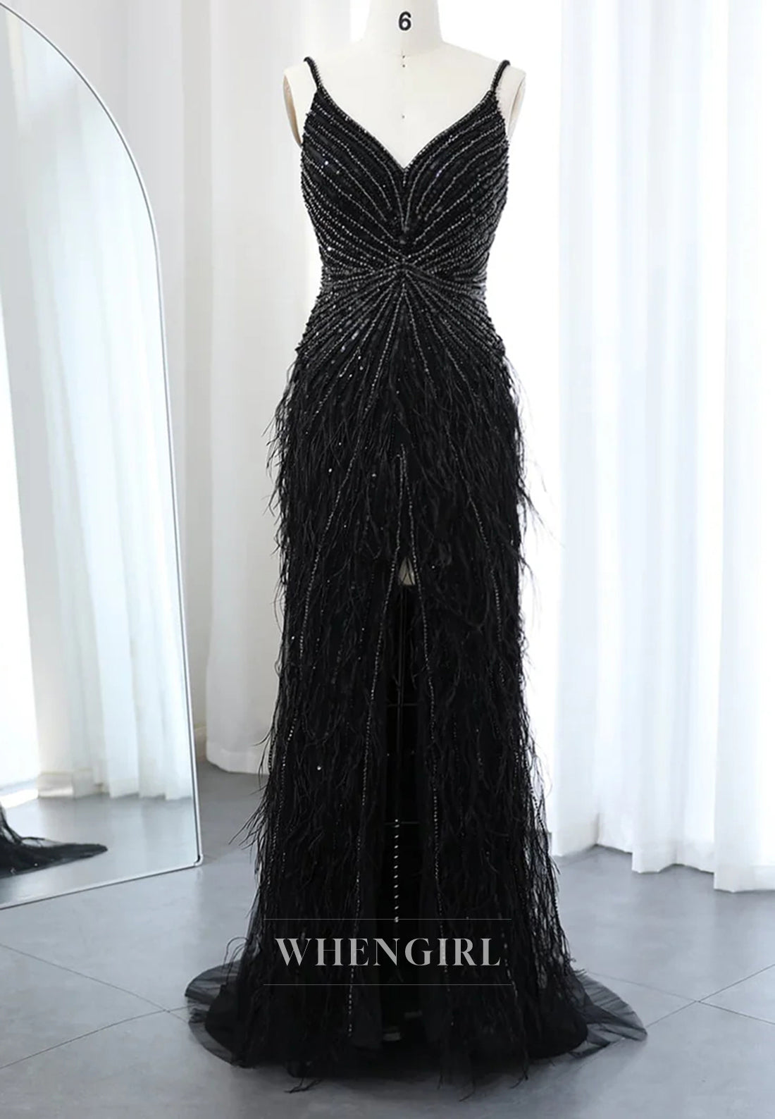 Sheath Feather Beaded V Neck Sleeveless Slit Evening Formal Dress