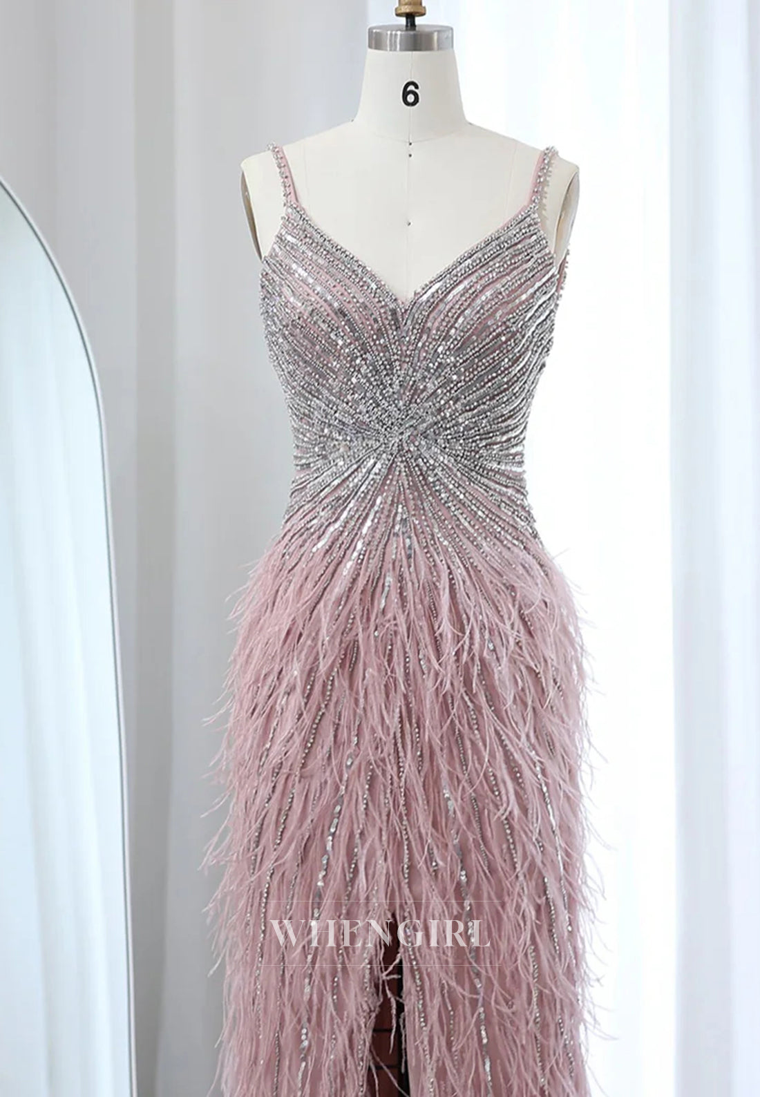 Sheath Feather Beaded V Neck Sleeveless Slit Evening Formal Dress