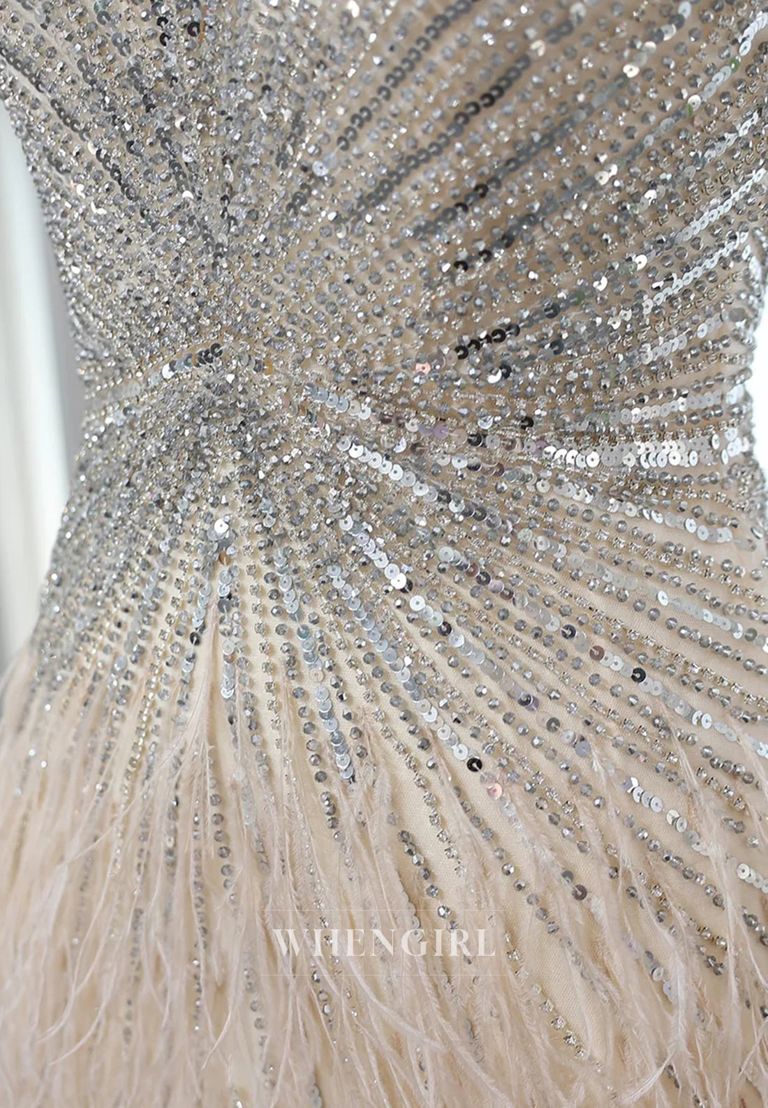 Sheath Feather Beaded V Neck Sleeveless Slit Evening Formal Dress