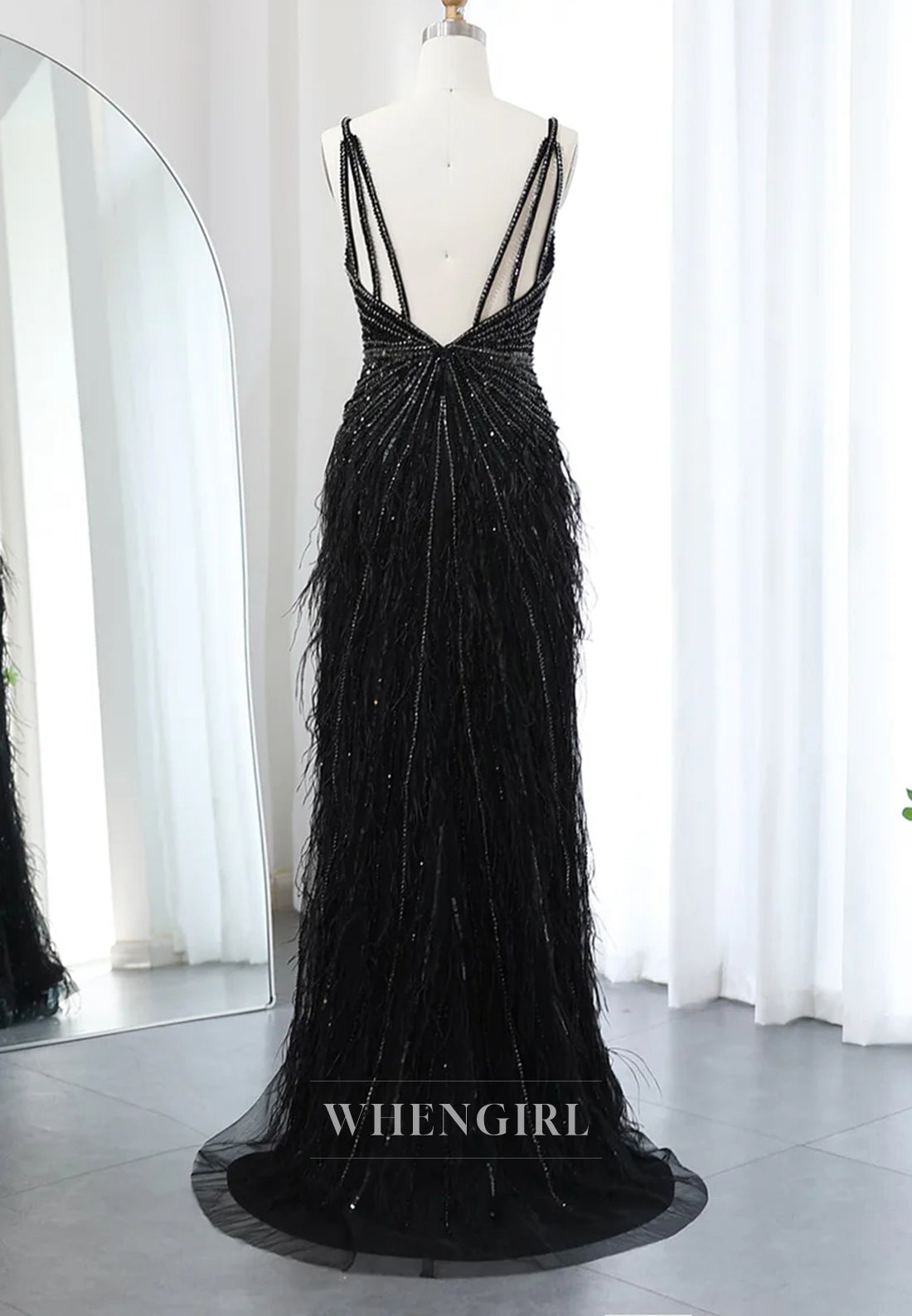 Sheath Feather Beaded V Neck Sleeveless Slit Evening Formal Dress